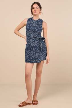 Dark Wash Denim Dress - Mini Wrap Dress - Floral Denim Jacquard XL NWT